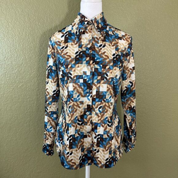 Vintage 70s 80s Psych Abstract Women’s 14 Button Down Shirt Top Dagger Collar - Picture 1 of 7